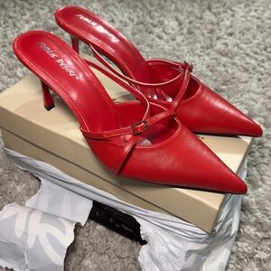 Public Desire Red Heels with Pointed Toe and Knotted Detail